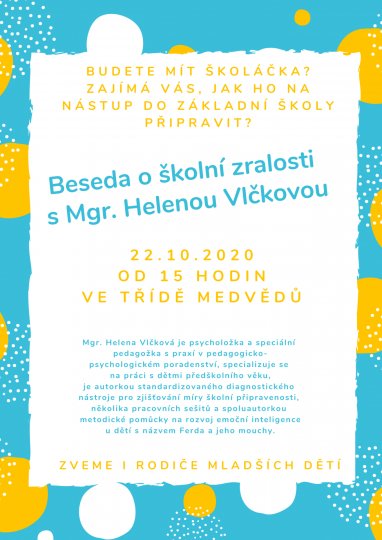 ZRUŠENO - Beseda o školní zralosti s Mgr. Helenou Vlčkovou